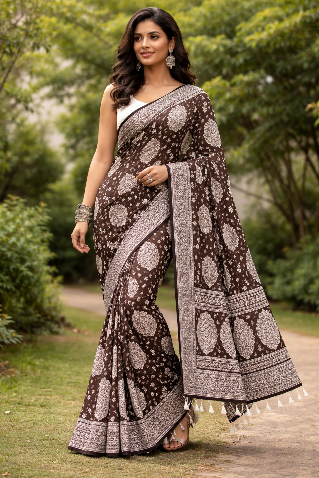 Batik Print Cotton Linen Saree in Dark Brown with White Motifs