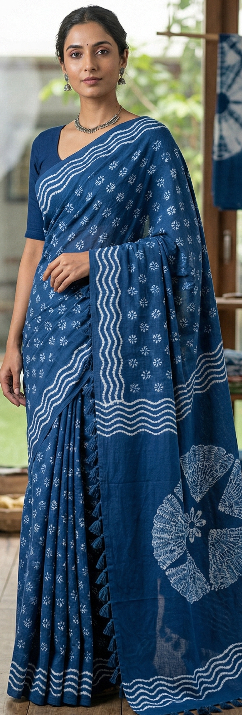 Batik Print Muslin Silk Saree in Deep Indigo with Ivory Motifs