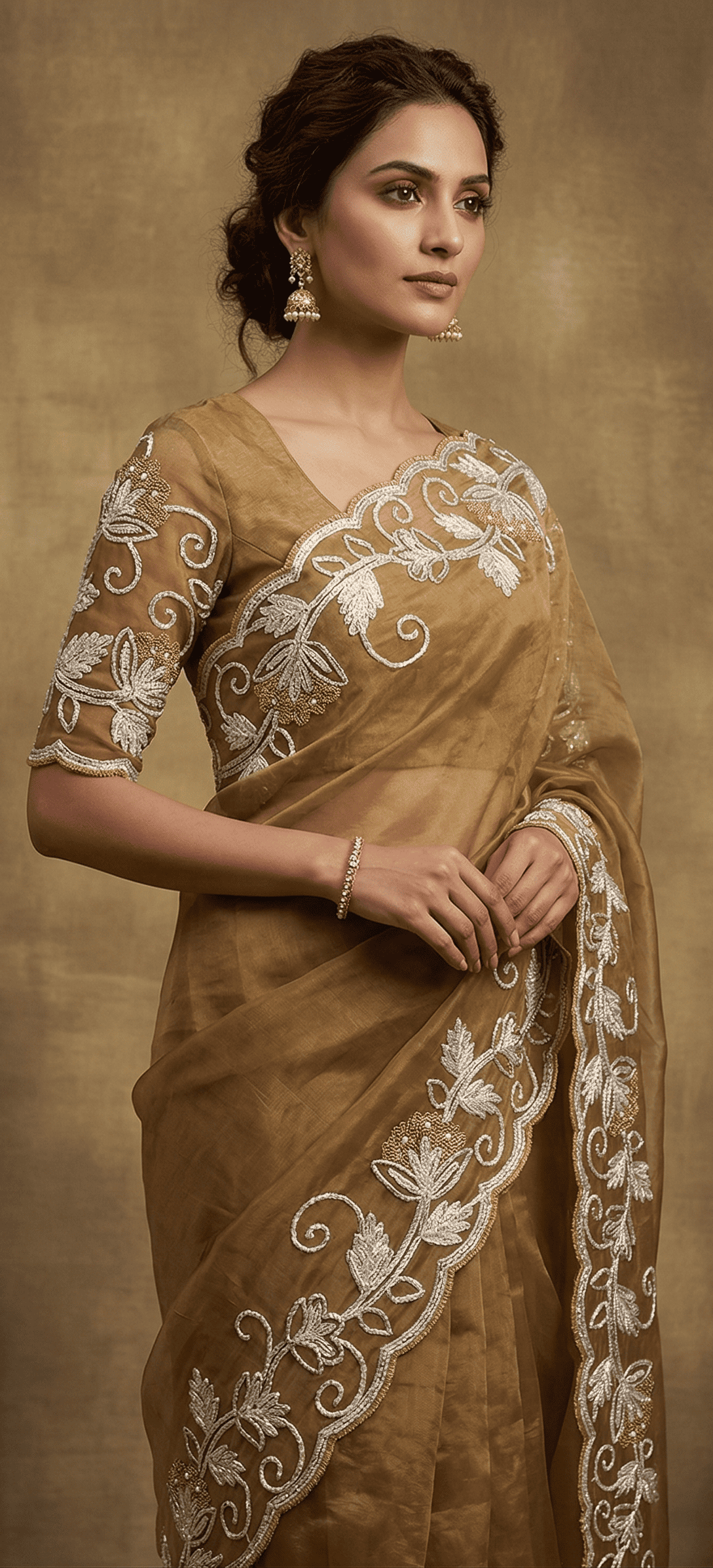 Fancy Organza Saree in Warm Golden Brown with Silver Floral Embroidery