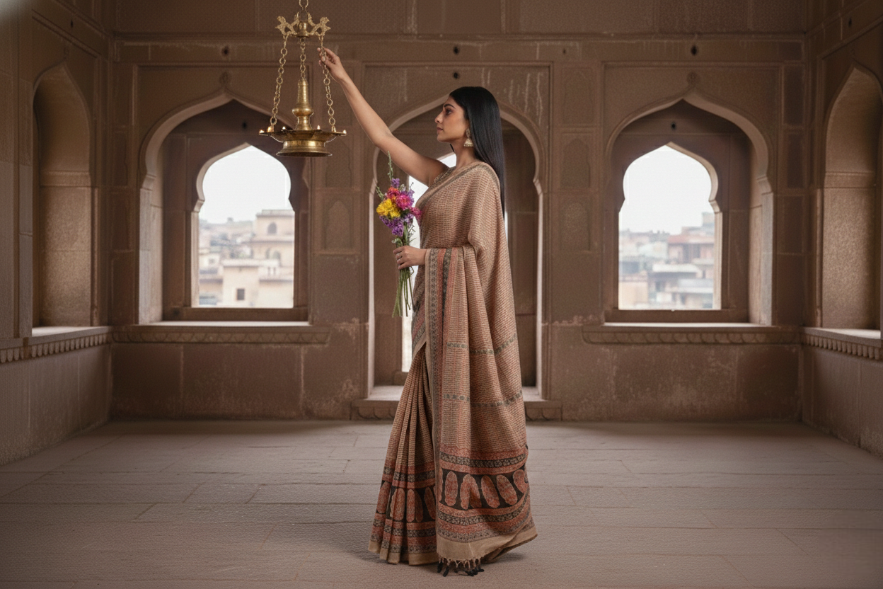 Bagh Print Muslin Silk Saree in Beige with Maroon & Black Motifs