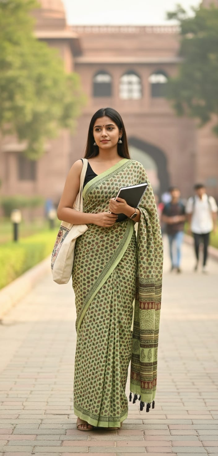 Bagh Print Muslin Silk Saree in Light Olive Green with Black & Deep Red Motifs