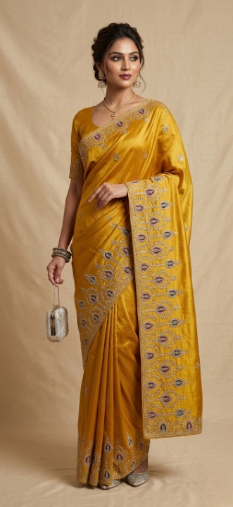 Bright Mustard Yellow Semi Silk-Blend Saree