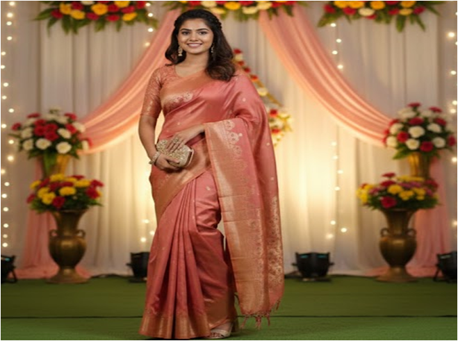 Peach Pink Semi Silk Saree with Soft Gold Brocade