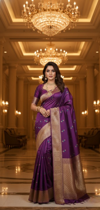 Semi Silk Purple Saree with Antique Gold Brocade