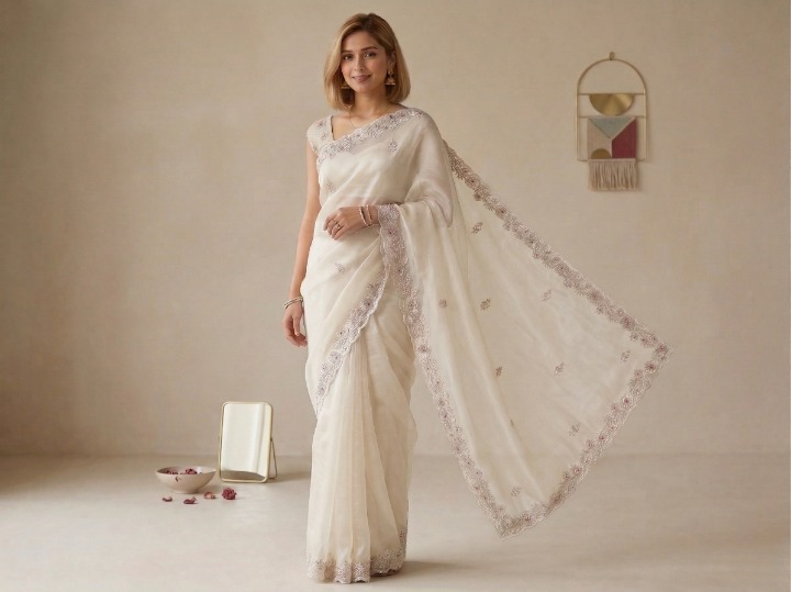 Fancy Organza Saree in Soft Ivory with Embroidered Border
