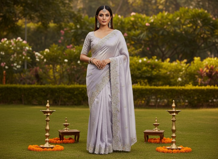 Fancy Organza Saree in Soft Lavender with Embroidered Border