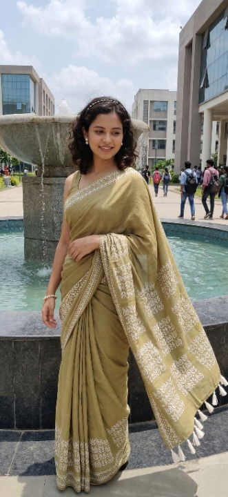 Batik Print Muslin Silk Saree in Soft Olive Green with Striped Borders