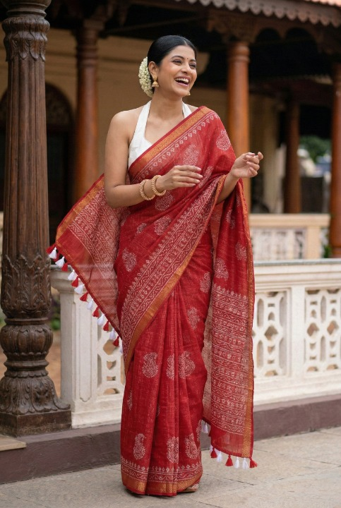 Batik Print Maheshwari Cotton Saree in Rosy Pink with White Motifs