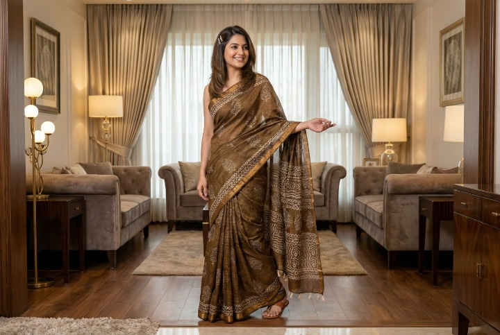 Batik Print Maheshwari Cotton Saree in Chocolate Brown with White Motifs