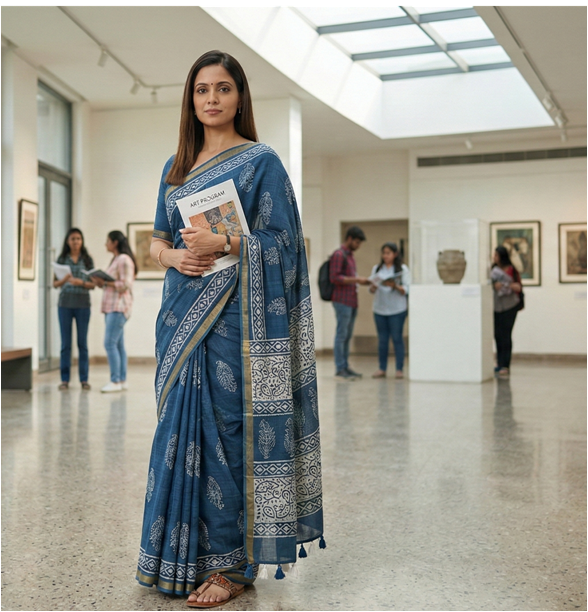Batik Print Maheshwari Cotton Saree in Steel Blue with White Motifs