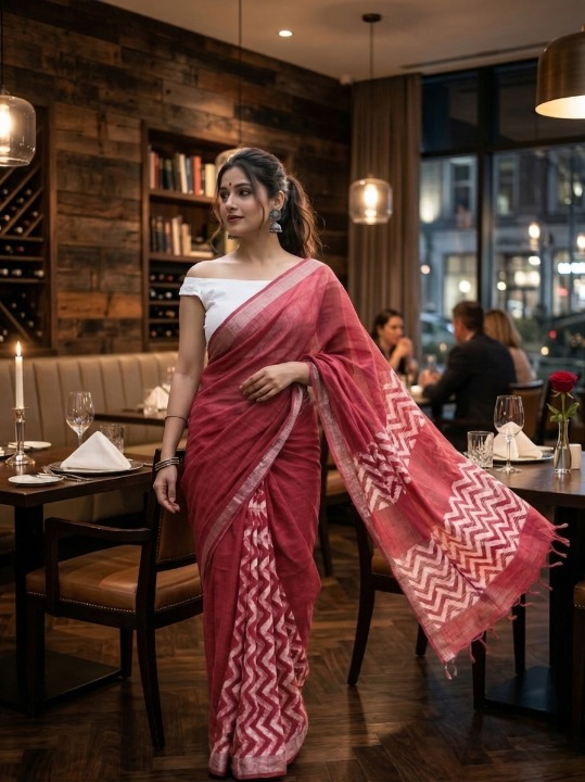 Batik Print Cotton Linen Saree in Dusty Rose with White Motifs