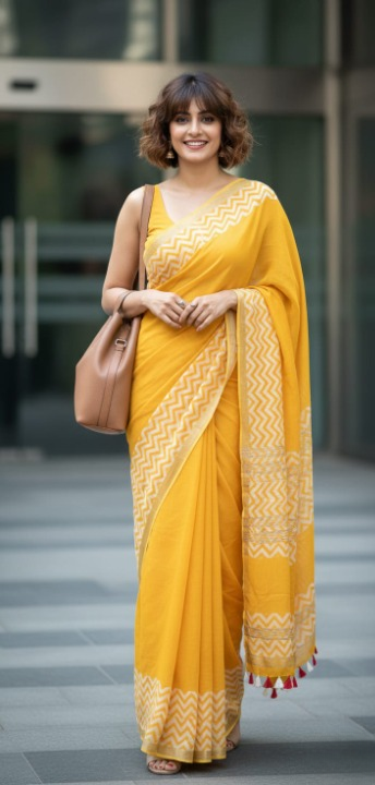 Batik Print Cotton Linen Saree in Mustard Yellow with White Motifs