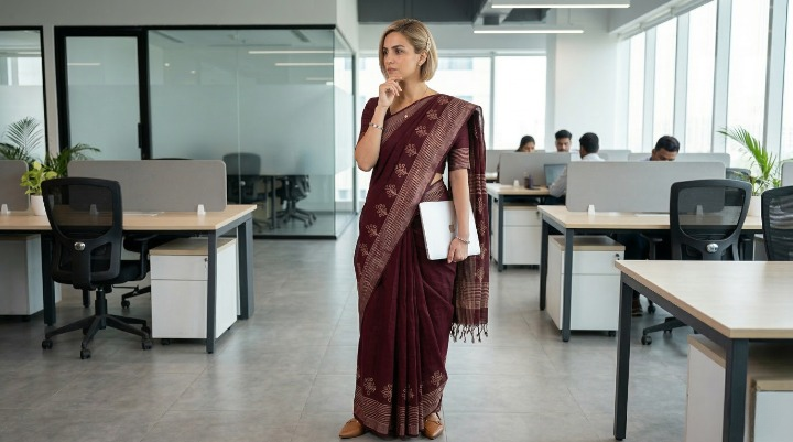 Batik Print Cotton Linen Saree in Dark Brown with White Motifs