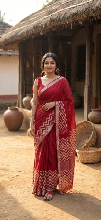 Batik Print Cotton Linen Saree in Bright Red with White Motifs