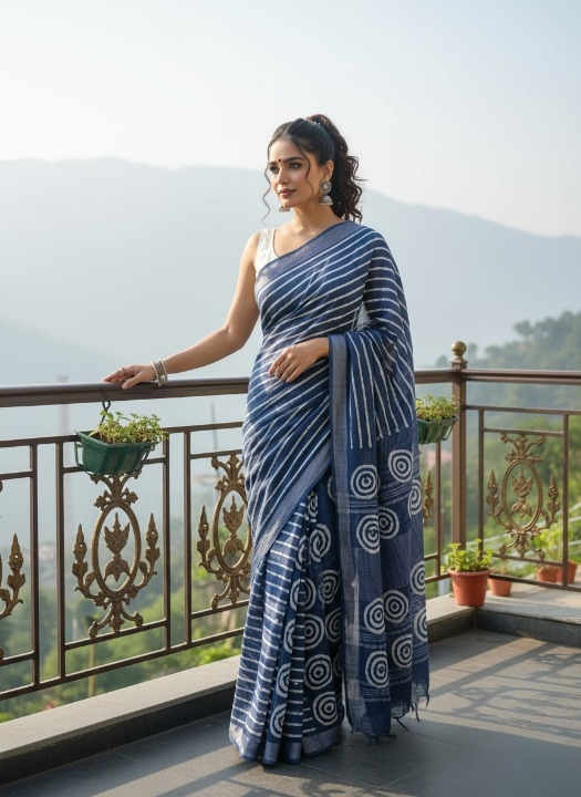 Batik Print Cotton Linen Saree in Indigo Blue with White Motifs