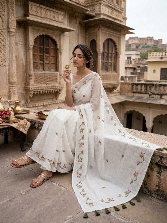 Hand Embroidery Pure Chiffon Saree with Floral Work