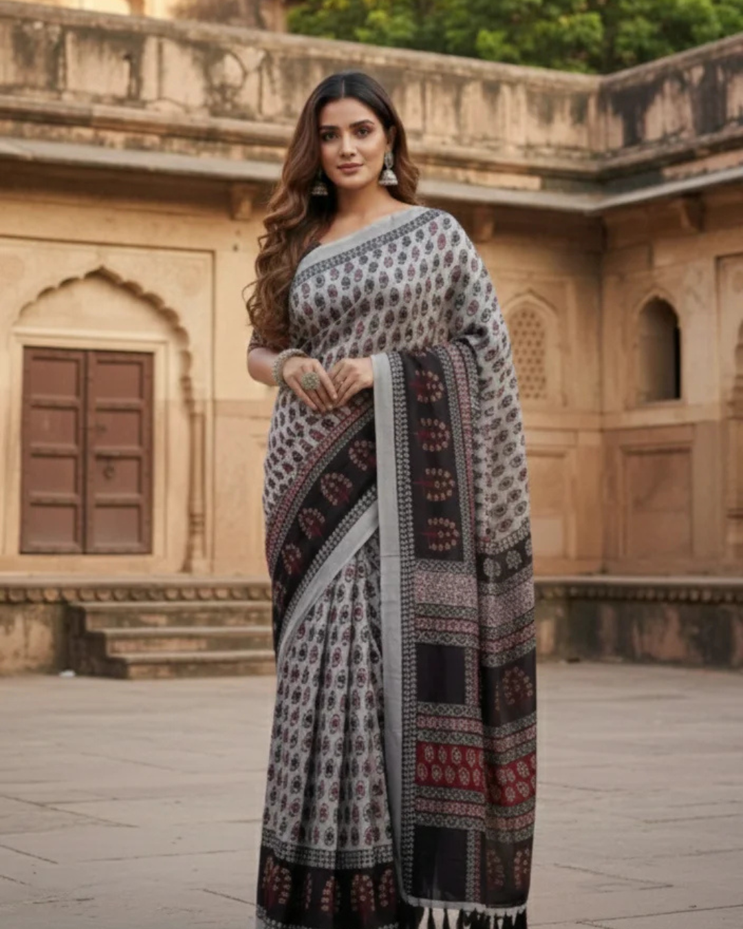 Bagh Print Muslin Silk Saree in Steel Grey with Brick Red  & Black accents  prints