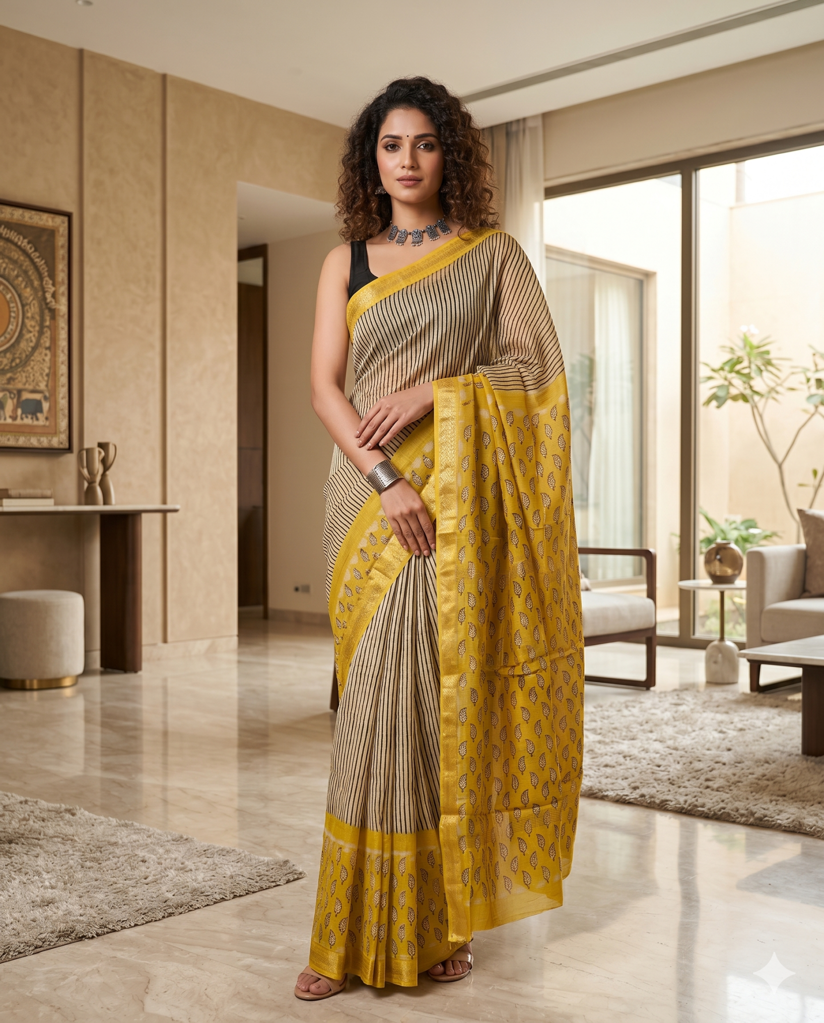 Soft Beige and Vibrant Mustard Yellow Saree