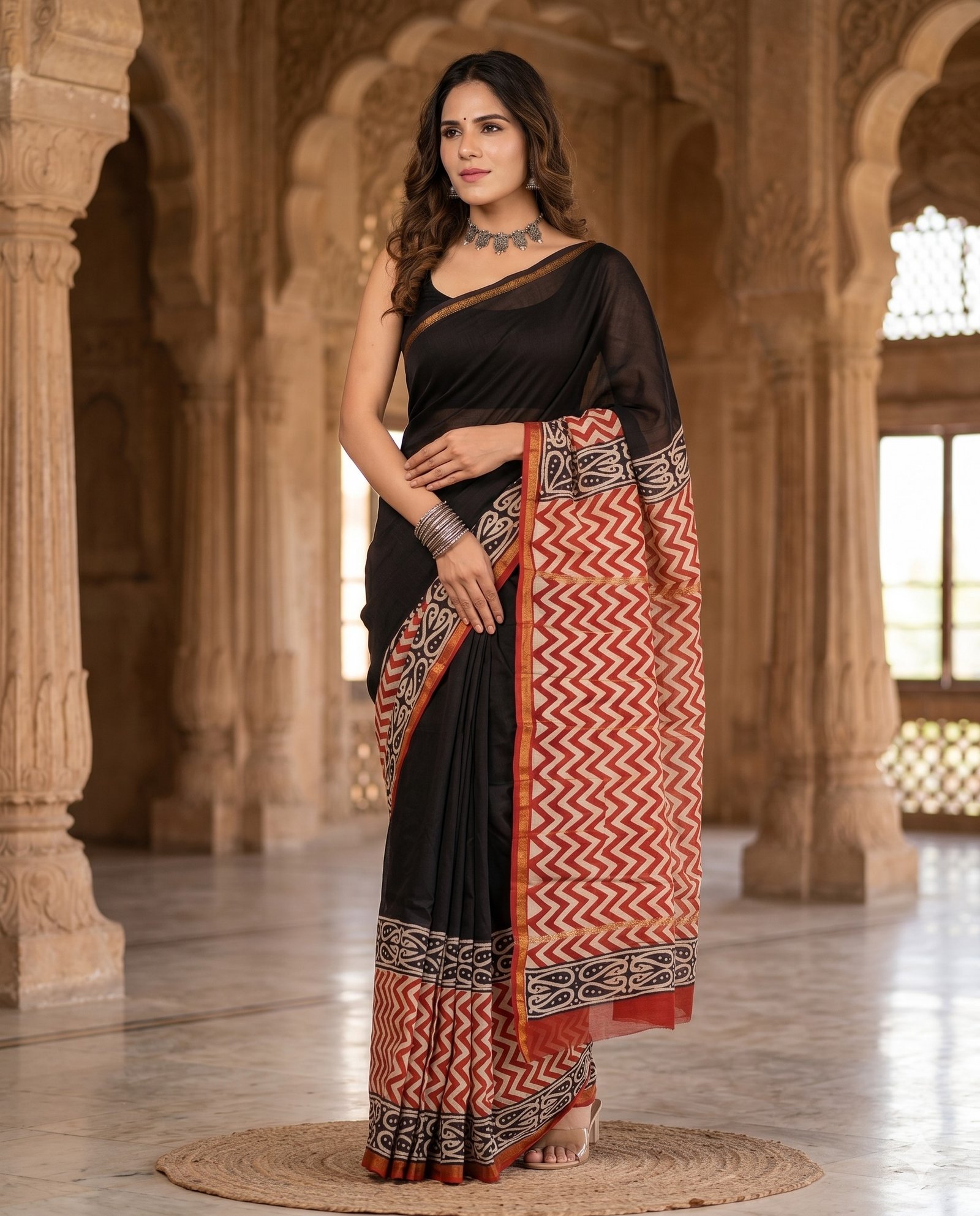 Black and Mustard Yellow Art Chanderi saree