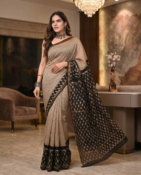 Black & Off-White Aert Chanderi Saree