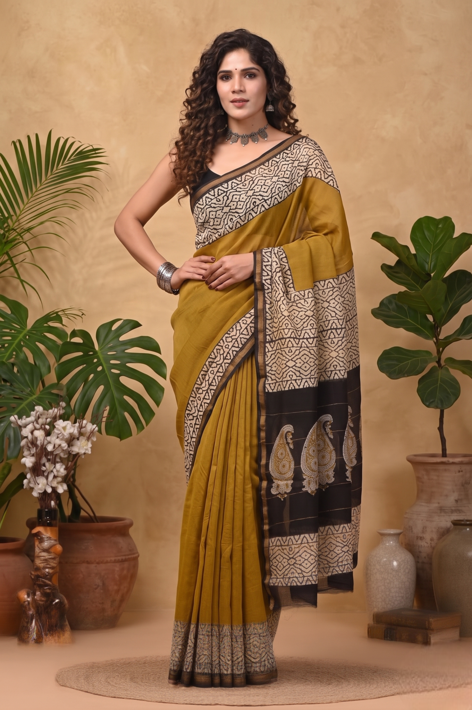Antique Mustard Chanderi saree