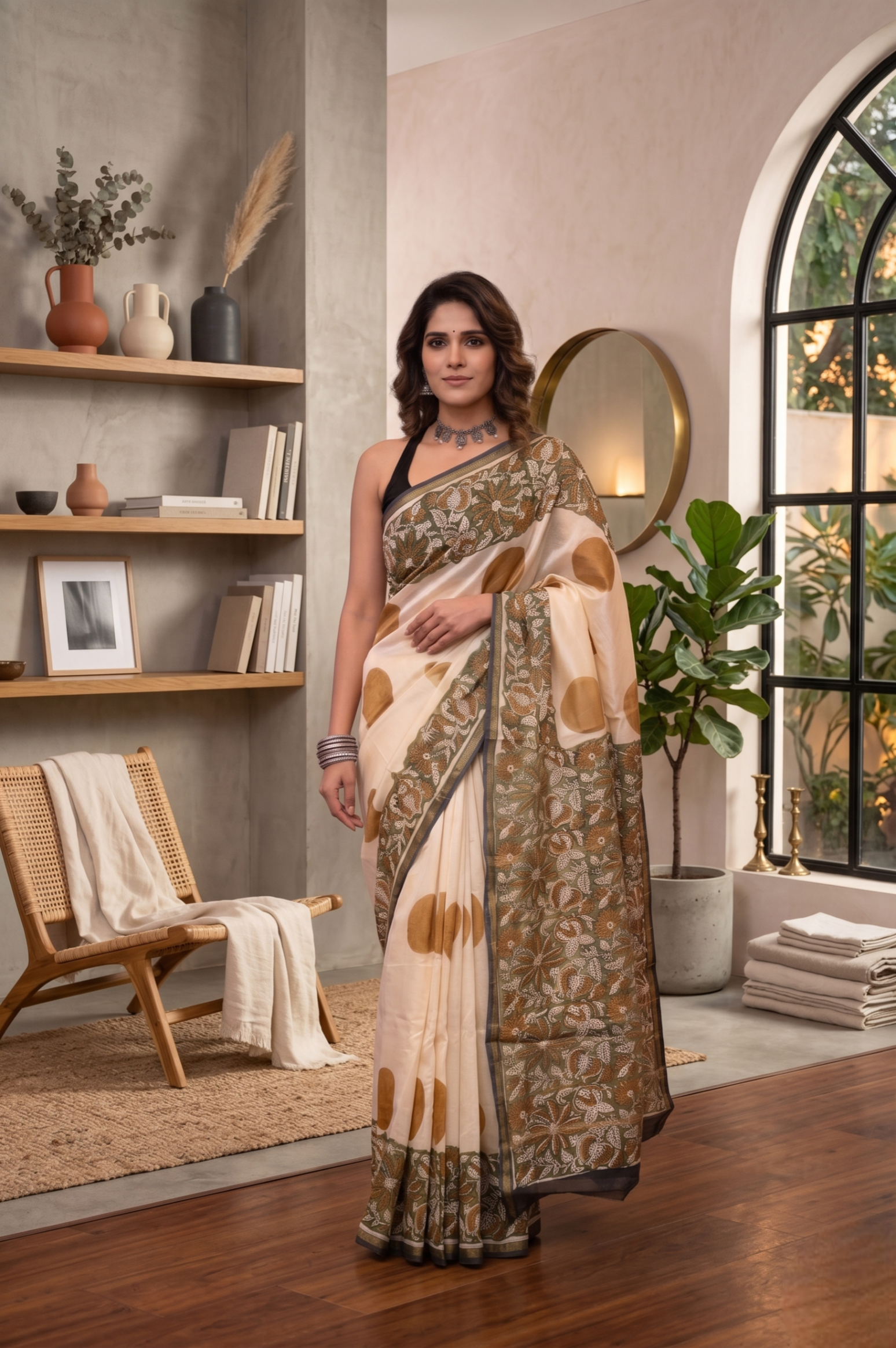 Ivory Cream Polka Dot Chanderi Saree