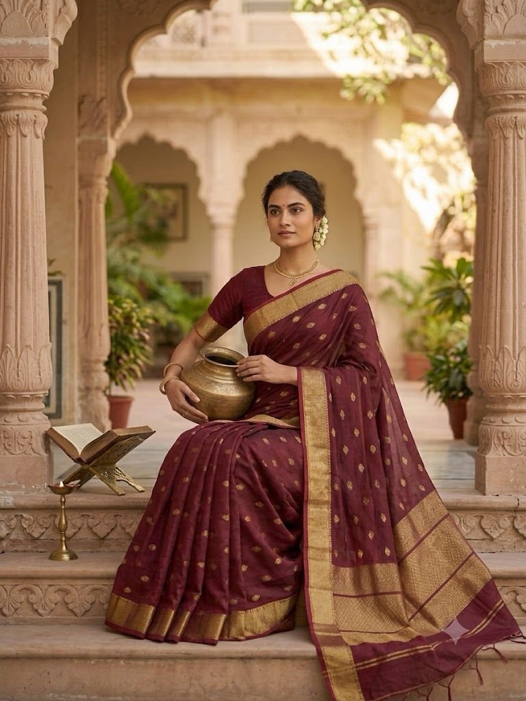 Garnet Maroon Maheshwari saree