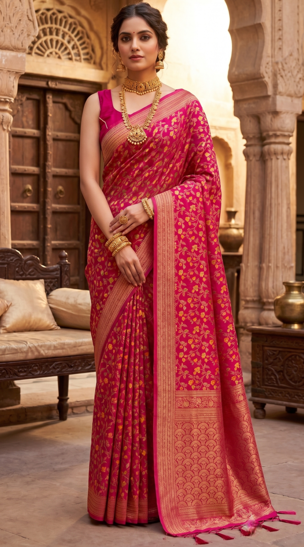 Deep Pink  Khadi Pashmina Saree