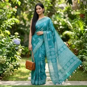 Batik Print Maheshwari Cotton Saree in Rama Green with White Motifs