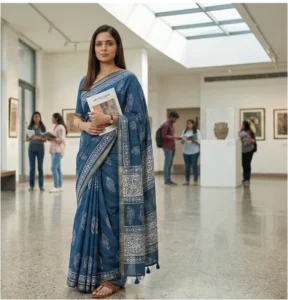 Batik Print Maheshwari Cotton Saree in Steel Blue with White Motifs