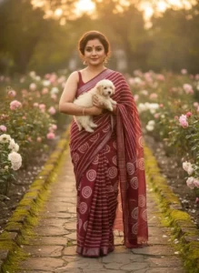 Batik Print Cotton Linen Saree in Red with White Motifs