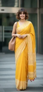 Batik Print Cotton Linen Saree in Mustard Yellow with White Motifs