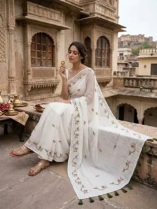 Hand Embroidery Pure Chiffon Saree with Floral Work