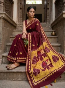 Maroon Batik Print Chanderi Saree with Elephant Motif